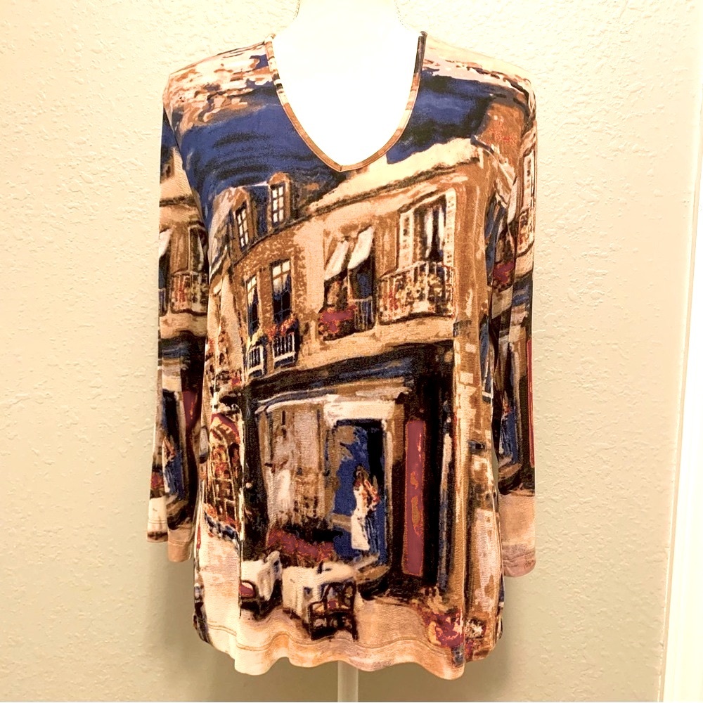Chico’s Travelers Art to wear slinky quarter length sleeve Size 2